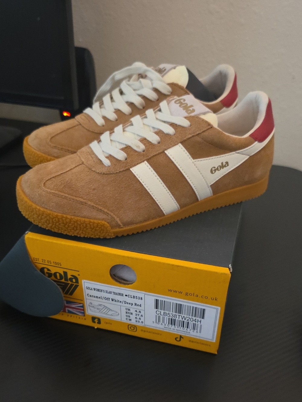 Gola Women's Caramel Suede Sneakers with White Stripes and Red Heel